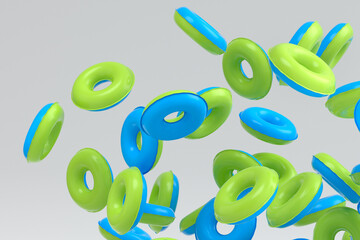 Fototapeta premium Many of flying inflatable ring for swimming pool isolated on white background