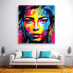 beautiful woman in a modern living room with a colorful sofa.