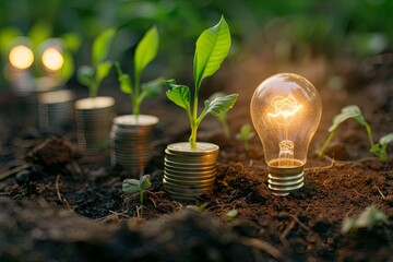The light bulb is located on the ground. plants grow on stacks of coins. Renewable energy production is essential for the future. Green business based on renewable energy sources can limit climate cha
