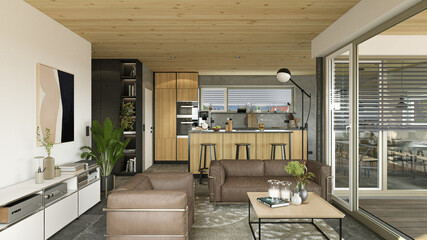 luxury modern Loft Penthouse Apartment with wooden ceiling and concrete elements, big windows mountain view outside and kitchen
