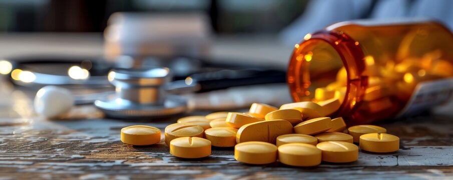 Pharmaceutical pills spilled out of a bottle with a stethoscope in background, healthcare and medicine concept