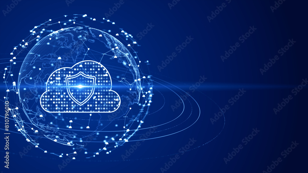 Poster This digital representation highlights a secure cloud computing environment overlaying a global network, symbolizing robust cybersecurity and data protection measures in cloud technology. 3D rendering