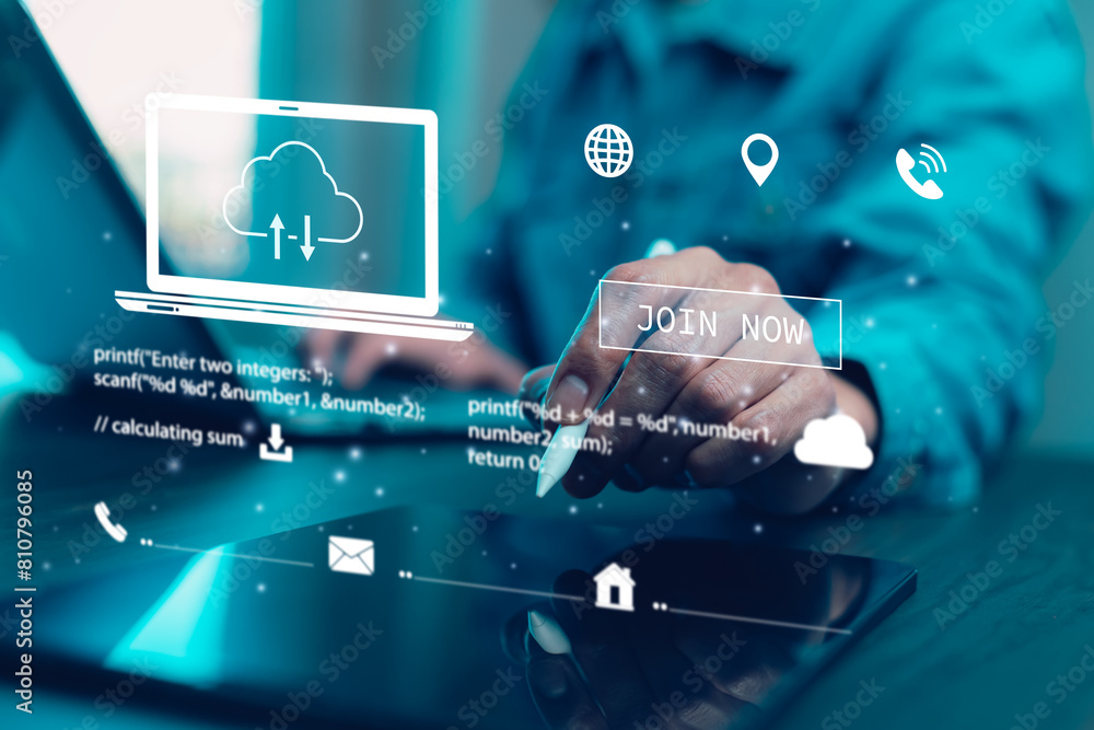 Poster business people using laptop with cloud computing system , storage and data transfer cloud network, 