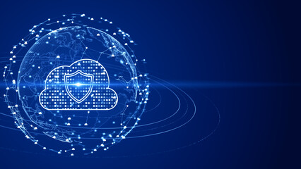 This digital representation highlights a secure cloud computing environment overlaying a global...