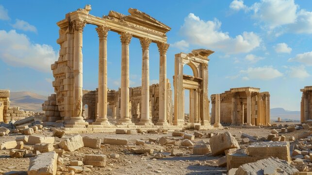 Cultural Loss: Show the ruins of iconic landmarks and cultural heritage sites destroyed by war, symbolizing the irreparable loss of human history and heritage.
