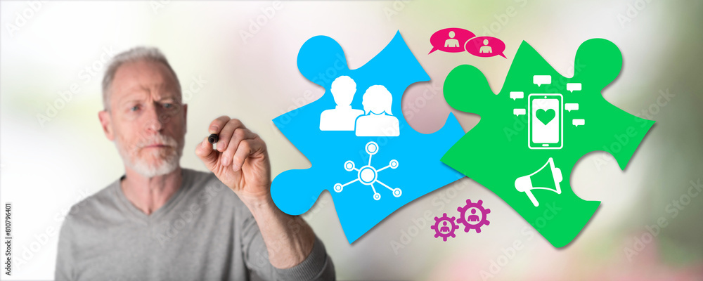 Wall mural man drawing social networking concept