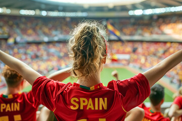Spanish football soccer fans in a stadium supporting the national team, view from behind, La Selección, La Furia Roja
