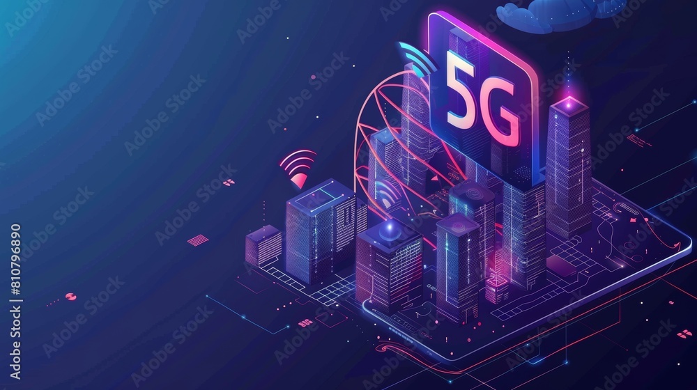 Poster an isometric landing page featuring a 5g next-generation network; smart cities with wireless telecom