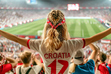 Croatian football soccer fans in a stadium supporting the national team, view from behind, Kockasti
