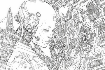 A detailed sketch of a cyborg surrounded by myriad technological devices, wires, and circuitry.