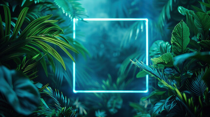 Tropical Plants Illuminated with Green and Blue Fluorescent Light. Rainforest Environment with Diamond shaped Neon Frame