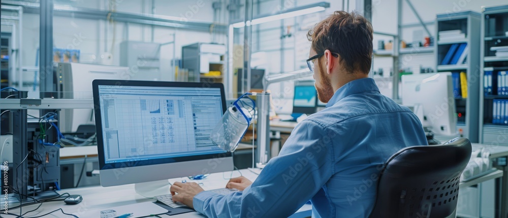 Poster back view of industrial engineer working on desktop computer in bright office. screens show ide/cad 