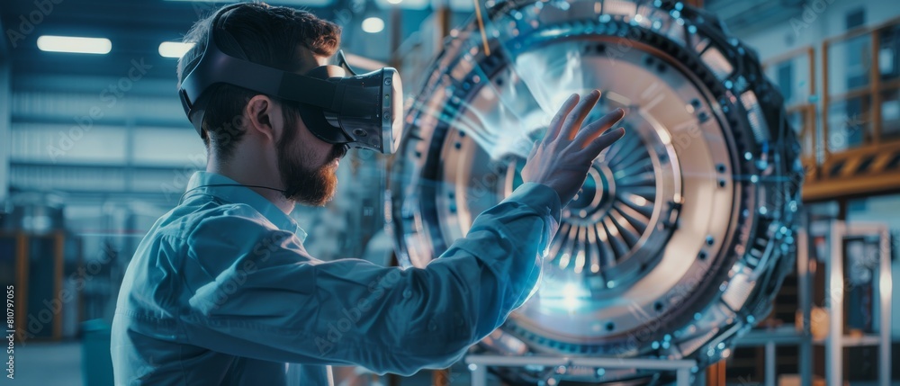 Poster a software developer wearing a virtual reality headset interacts with augmented reality while design