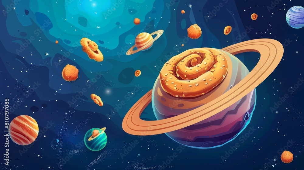 Poster sphere with bun texture from outer space. modern cartoon funny art for gui of a fantasy game with ta