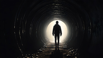 man in tunnel, Concept or conceptual dark tunnel with a bright light at the end or exit as metaphor to success, faith, future or hope, a black silhouette of walking man to new opportunity or freedom.