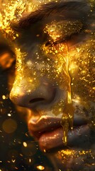 A peaceful scene of an ancient golden Girl statue, its serene face illuminated by the soft glow of sunset, embodying the rich cultural and religious heritage of Asia