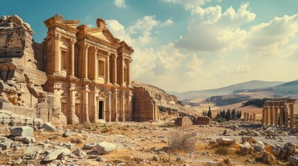 Fototapeta premium Cultural Loss: Show the ruins of iconic landmarks and cultural heritage sites destroyed by war, symbolizing the irreparable loss of human history and heritage.