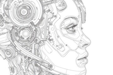 A detailed line art blending a human profile with robotic elements, hinting at a synthesis of technology and biology.