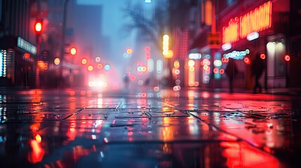 Fototapeta premium Street photograph, a nighttime urban scene with triad colors of indigo, chartreuse, and tangerine. Apply a bokeh lens for dreamy lights. Generative AI