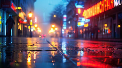 Street photograph, a nighttime urban scene with triad colors of indigo, chartreuse, and tangerine. Apply a bokeh lens for dreamy lights. Generative AI