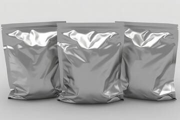 Three bags filled with shiny silver foil are arranged in a captivating display on a crisp white background.