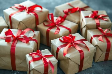 Obraz premium A group of beautifully wrapped presents adorned with red ribbons, creating a scene of joy and anticipation.