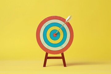 Sign stand with an arrow in a target on a yellow background. Hit right in the center. Ad targeting tactics. Advertising campaigns. Goal achievement and determination. 
