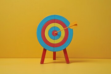 Sign stand with an arrow in a target on a yellow background. Hit right in the center. Ad targeting tactics. Advertising campaigns. Goal achievement and determination. 