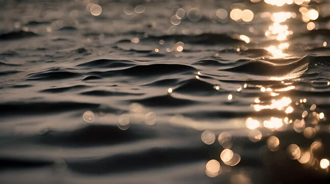 Sunlight reflects off the gentle ripples of a calm sea surface at dusk, creating a serene and reflective atmosphere