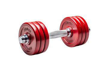 A pair of red adjustable dumbbells on a white background