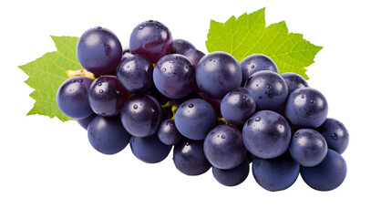 Fototapeta premium A bunch of ripe blue grapes with green leaves on a transparent background.