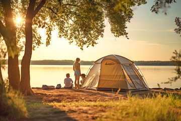 A couple of people standing near a colorful tent in a serene outdoor setting - Powered by Adobe