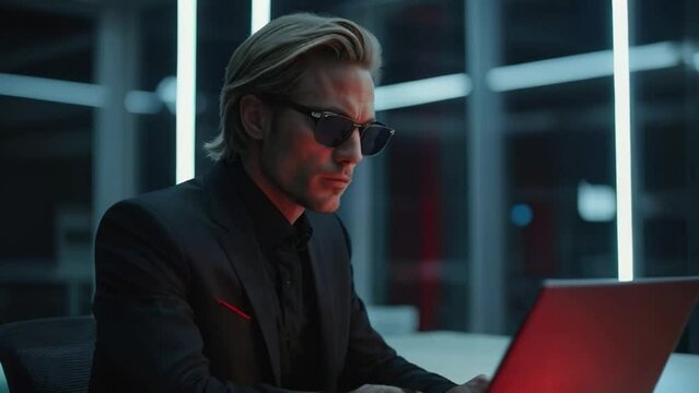 Businessman working on laptop in the office, Handsome young man with blond back brushed hair wearing black suit and sunglasses looking like the main antagonist or protagonist of a thriller movie 