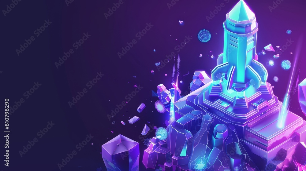 Poster 3d modern line art web banner with beacon technology. computerized robot with rocket engine, interne