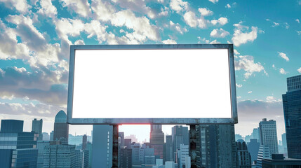 A vacant billboard stands tall in the bustling cityscape, awaiting advertisement. Surrounded by buildings and traffic. Mockup