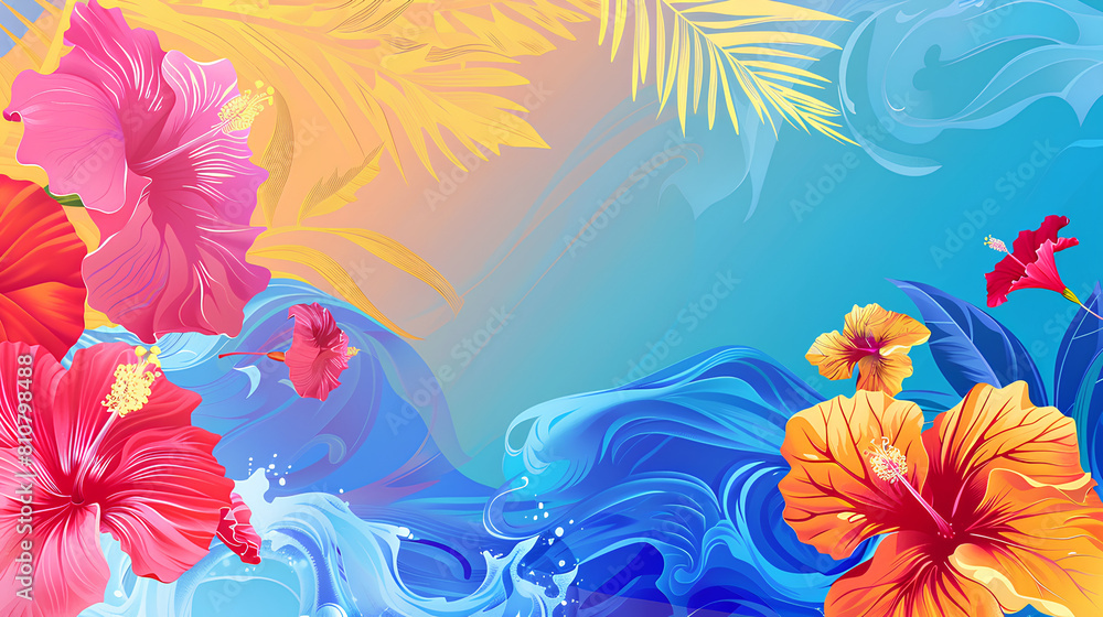 Wall mural AAPI heritage month. Asian American and Pacific Islander. Bright colorful banner with waves and tropical hibiscus flowers - Wall murals