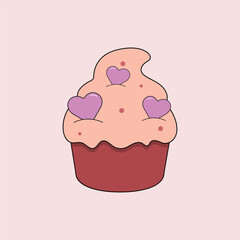 Vector illustration of a cute cupcake decorated with icing and hearts.