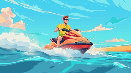 Watersports illustration of man on jet ski in sea. Young man ride aquabike on ocean waves. Modern cartoon illustration of seascape with person wearing sunglasses riding water scooter. The extreme