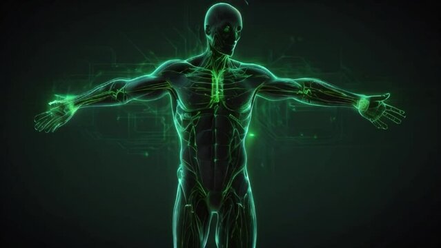 3d rendered illustration of a skeleton, green neon making of a human body in the computer with light green background, human figure being made with animation lines Generative AI