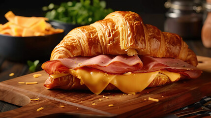 Ham and Cheese Croissant Sandwich, served in the morning to start your day, featuring layers of succulent ham, melted cheese, and a perfectly baked croissant