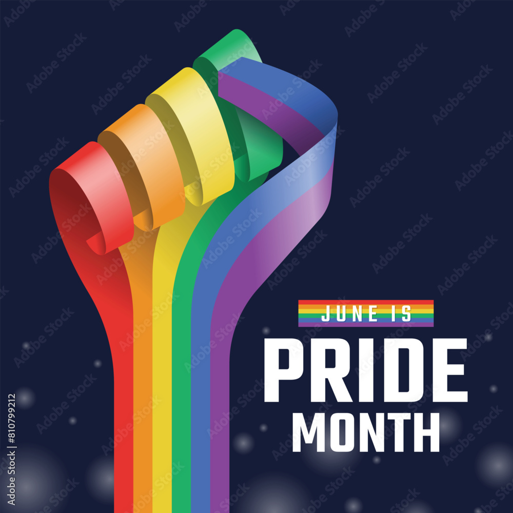 Poster june is pride month - text and rainbow pride ribbon with rolling and waving to hand raised shape on 