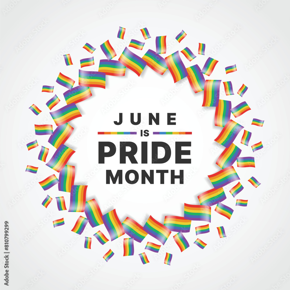 Poster june is pride month - text in group of rainbow pride flags to around circle frame shape vector desig
