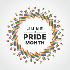 June is pride month - Text in group of rainbow pride flags to around circle frame shape vector design