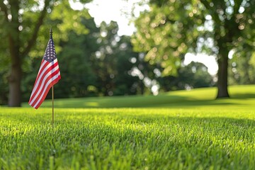 Family Picnic in the Park: A family gathering in the park for a picnic, spreading a blanket on the green grass next to an American flag.