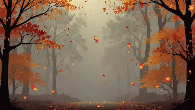 Looping video background with an autumn theme and landscape featuring swirling maple leaves.