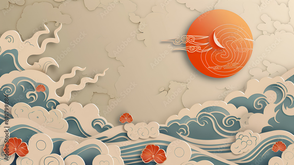 Wall mural Asian American Heritage Month background. Oriental template design with empty copy space.. Abstract backdrop with sun and waves