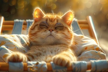 cute cat, anthropomorphic, golden gradual cat, with golden shadow, wearing fashionable casual clothes, wearing sunglasses, lying on the deck chair, relaxing sun on the beach