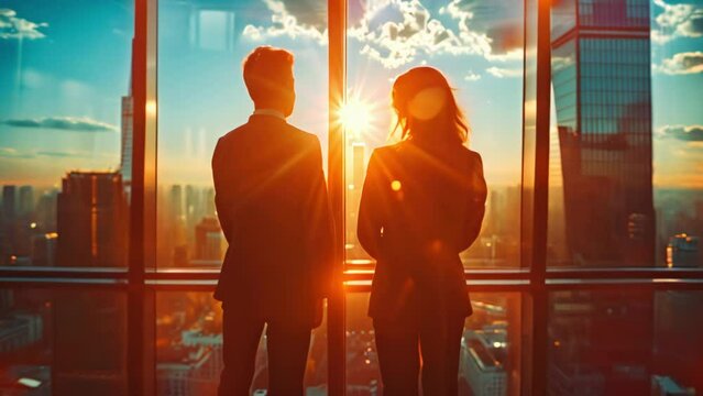 Silhouettes of two successful business people, man and woman, looking thoughtfully out of an office window. Team of businesspeople watching cityscape from skyscraper in sunset