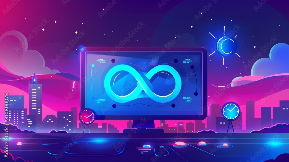 Poster the concept of devops. modern illustration of a computer screen with lifecycle infinity sign, clock,