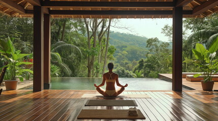 Serene Yoga Practice in Tranquil Spa Resort Setting. Wellness Retreat